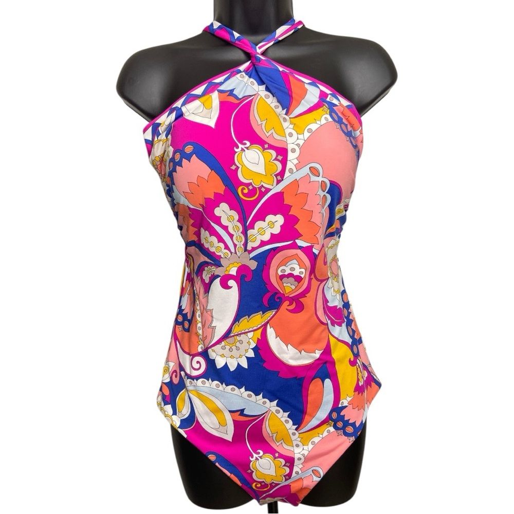 Trina Turk Halter Multicolored One Piece Swimsuit Size 14